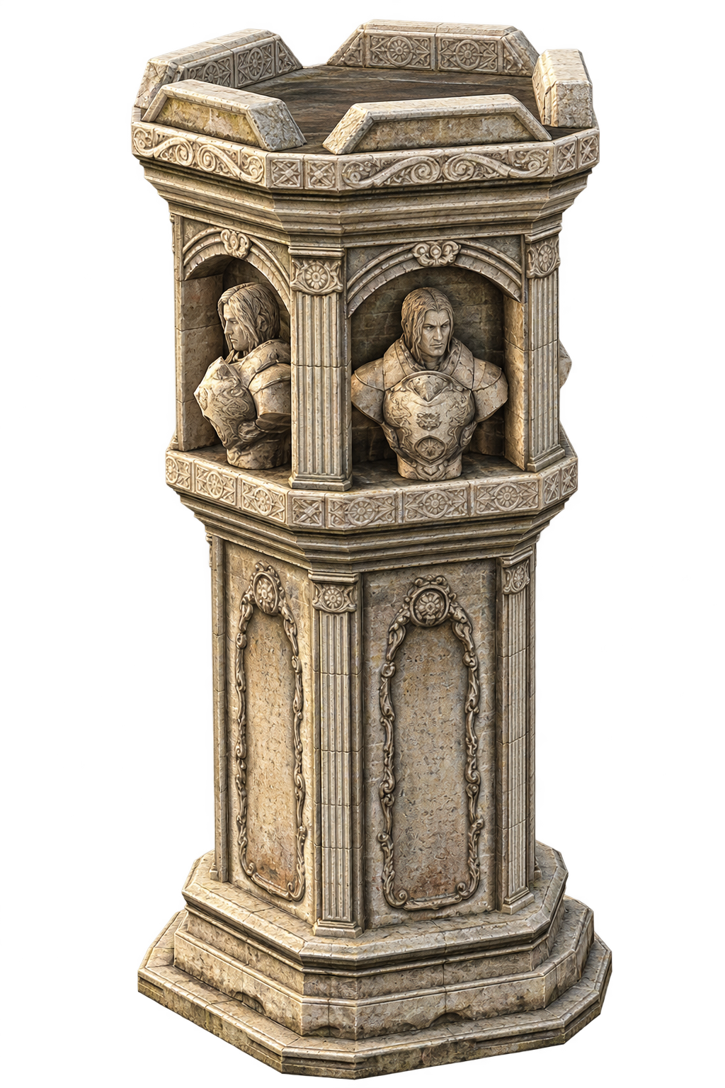 Monumento de pedra com bustos de guerreiros, símbolo da Olympiad